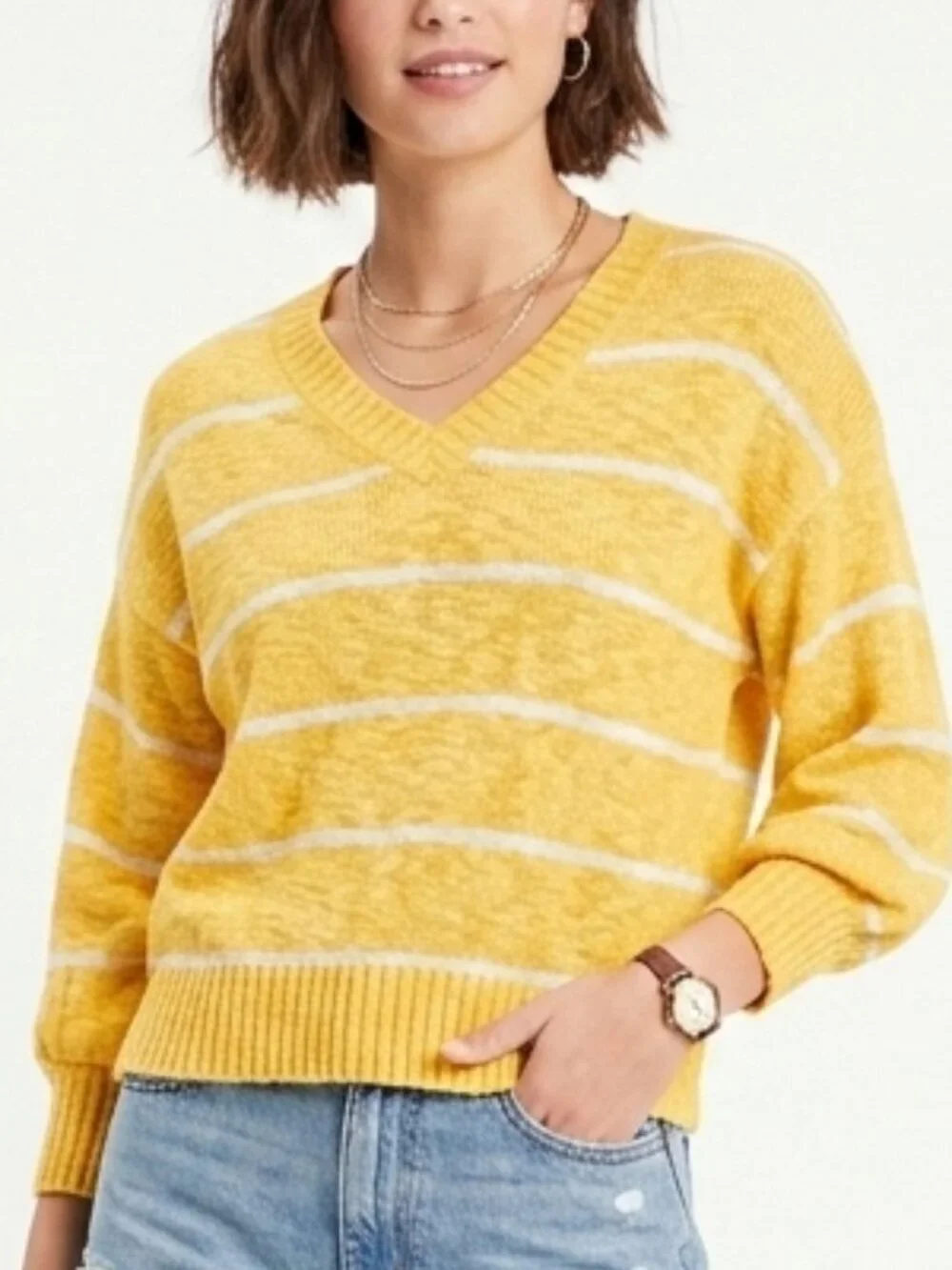 VINTAGE 80s DVF Diane Von Furstenberg Yellow Striped V-Neck Sweater Small